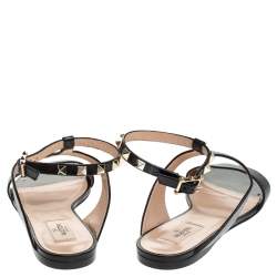 Pre Owned Valentino Black Leather Rockstud Ankle Strap Flat Sandals Size 39.5