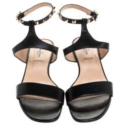 Pre Owned Valentino Black Leather Rockstud Ankle Strap Flat Sandals Size 39.5