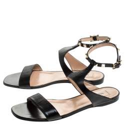 Pre Owned Valentino Black Leather Rockstud Ankle Strap Flat Sandals Size 39.5