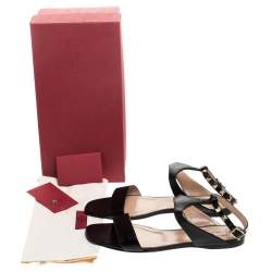 Pre Owned Valentino Black Leather Rockstud Ankle Strap Flat Sandals Size 39.5