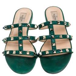 Pre Owned Valentino Emerald/Smeraldo Suede Rockstud Flat Slides Size 39