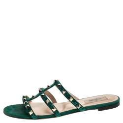 Pre Owned Valentino Emerald/Smeraldo Suede Rockstud Flat Slides Size 39
