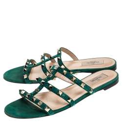 Pre Owned Valentino Emerald/Smeraldo Suede Rockstud Flat Slides Size 39