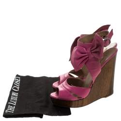 Pre Owned Valentino Pink Leather Bow Detail Ankle Strap Wedge Platform Sandals Size 36