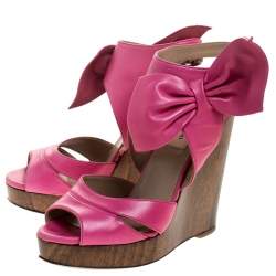 Pre Owned Valentino Pink Leather Bow Detail Ankle Strap Wedge Platform Sandals Size 36