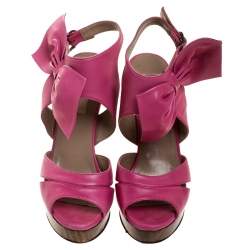 Pre Owned Valentino Pink Leather Bow Detail Ankle Strap Wedge Platform Sandals Size 36