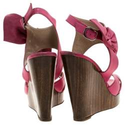 Pre Owned Valentino Pink Leather Bow Detail Ankle Strap Wedge Platform Sandals Size 36
