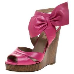 Pre Owned Valentino Pink Leather Bow Detail Ankle Strap Wedge Platform Sandals Size 36