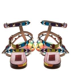 Pre Owned Valentino Multicolor Chevron Print Leather Rockstud Thong Flat Sandals Size 37.5