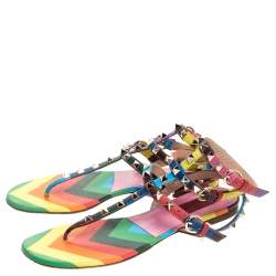 Pre Owned Valentino Multicolor Chevron Print Leather Rockstud Thong Flat Sandals Size 37.5