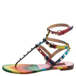Pre Owned Valentino Multicolor Chevron Print Leather Rockstud Thong Flat Sandals Size 37.5