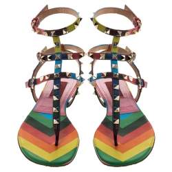 Pre Owned Valentino Multicolor Chevron Print Leather Rockstud Thong Flat Sandals Size 37.5
