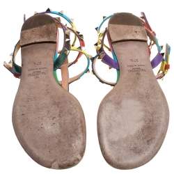 Pre Owned Valentino Multicolor Chevron Print Leather Rockstud Thong Flat Sandals Size 37.5