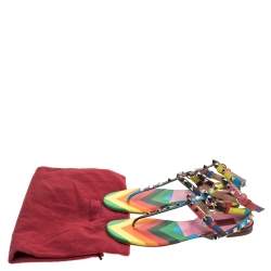 Pre Owned Valentino Multicolor Chevron Print Leather Rockstud Thong Flat Sandals Size 37.5
