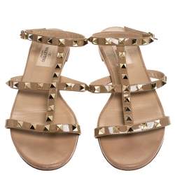 Pre Owned Valentino Beige Patent Leather Rockstud Ankle Strap Flat Sandals Size 38
