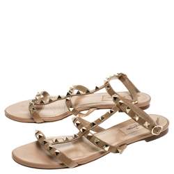 Pre Owned Valentino Beige Patent Leather Rockstud Ankle Strap Flat Sandals Size 38