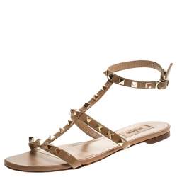 Pre Owned Valentino Beige Patent Leather Rockstud Ankle Strap Flat Sandals Size 38