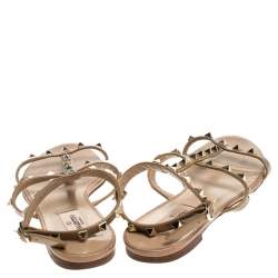 Pre Owned Valentino Beige Patent Leather Rockstud Ankle Strap Flat Sandals Size 38