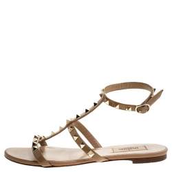Pre Owned Valentino Beige Patent Leather Rockstud Ankle Strap Flat Sandals Size 38