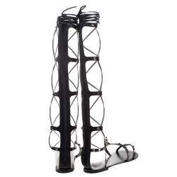 Pre Owned Valentino Black Leather Knee High Rockstud Gladiator Flat Sandals Size 40