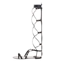 Pre Owned Valentino Black Leather Knee High Rockstud Gladiator Flat Sandals Size 40