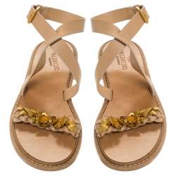 Pre Owned Valentino Beige Leather Floral Embellished Testa Di Moro Ankle Strap Flat Sandals Size 39
