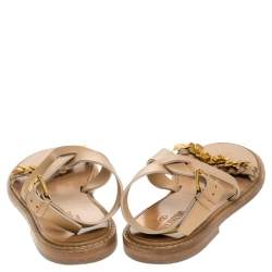Pre Owned Valentino Beige Leather Floral Embellished Testa Di Moro Ankle Strap Flat Sandals Size 39