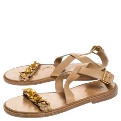 Pre Owned Valentino Beige Leather Floral Embellished Testa Di Moro Ankle Strap Flat Sandals Size 39