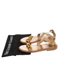 Pre Owned Valentino Beige Leather Floral Embellished Testa Di Moro Ankle Strap Flat Sandals Size 39