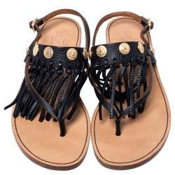  Valentino Black Leather Fringed Coin Detail Thong Flat Sandals Size 39