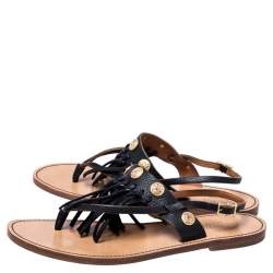  Valentino Black Leather Fringed Coin Detail Thong Flat Sandals Size 39