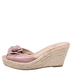 Pre Owned Valentino Beige Leather Flower Applique Wedge Platform Sandals Size 41