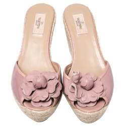 Pre Owned Valentino Beige Leather Flower Applique Wedge Platform Sandals Size 41