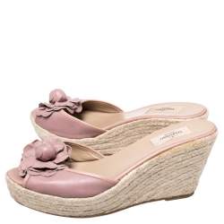 Pre Owned Valentino Beige Leather Flower Applique Wedge Platform Sandals Size 41