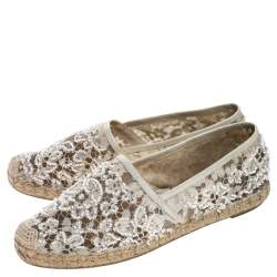 Pre Owned  Valentino White Lace Embellished Espadrilles Slip On Loafers Size 35