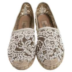Pre Owned  Valentino White Lace Embellished Espadrilles Slip On Loafers Size 35