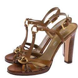 Pre Owned Valentino Brown Leather Logo Embellished Peep Toe Strappy Open Toe Sandals Size 37