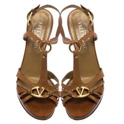 Pre Owned Valentino Brown Leather Logo Embellished Peep Toe Strappy Open Toe Sandals Size 37