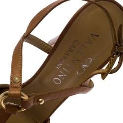 Pre Owned Valentino Brown Leather Logo Embellished Peep Toe Strappy Open Toe Sandals Size 37