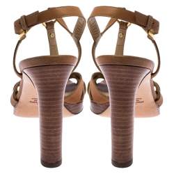 Pre Owned Valentino Brown Leather Logo Embellished Peep Toe Strappy Open Toe Sandals Size 37