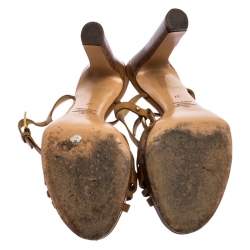 Pre Owned Valentino Brown Leather Logo Embellished Peep Toe Strappy Open Toe Sandals Size 37