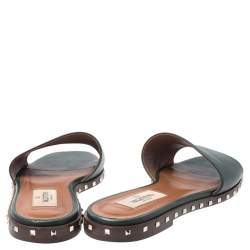 Pre Owned Valentino Green Leather Rockstud Slide Flats Size 36