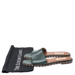 Pre Owned Valentino Green Leather Rockstud Slide Flats Size 36