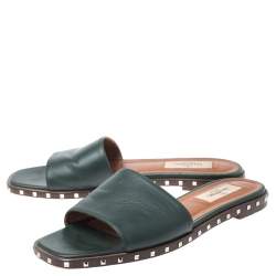 Pre Owned Valentino Green Leather Rockstud Slide Flats Size 36