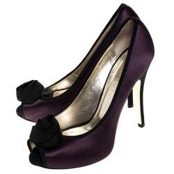 Pre Owned Valentino Purple/Black Two Tone Satin Rosette Peep Toe Platform Pumps Size 40