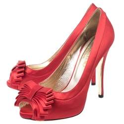 Pre Owned Valentino Red Satin Bow Detail Peep Toe Platform Pumps Size 40