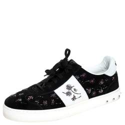 Pre Owned Valentino Black/White Suede And Leather Flycrew Beaded Low Top Sneakers Size 40