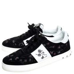 Pre Owned Valentino Black/White Suede And Leather Flycrew Beaded Low Top Sneakers Size 40