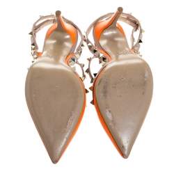 Pre Owned Valentino Orange Leather Rockstud Ankle Strap Cage Sandals Size 37.5
