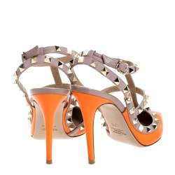 Pre Owned Valentino Orange Leather Rockstud Ankle Strap Cage Sandals Size 37.5